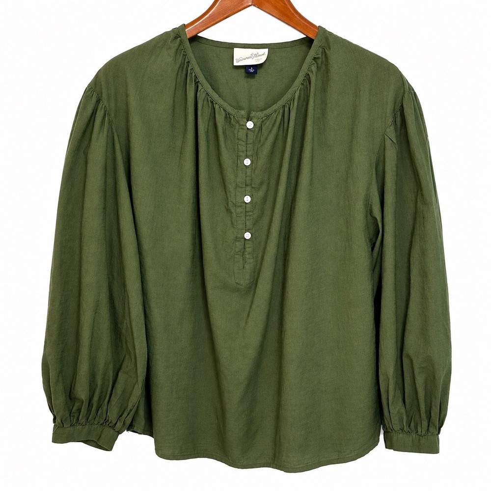 Universal Thread Olive Green Cotton Henley Puff Sleeve Blouse Small F00347738